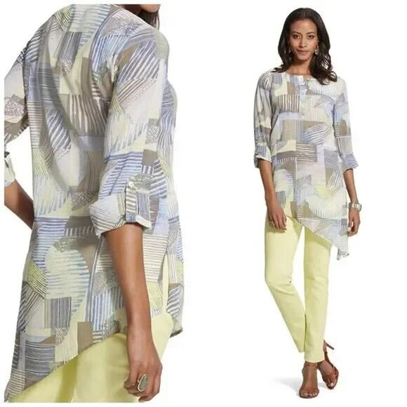 Chico's Asymmetrical Hem Popover Top Size XL / 3 Semi Sheer Roll Tab Sleeves - Picture 3 of 10